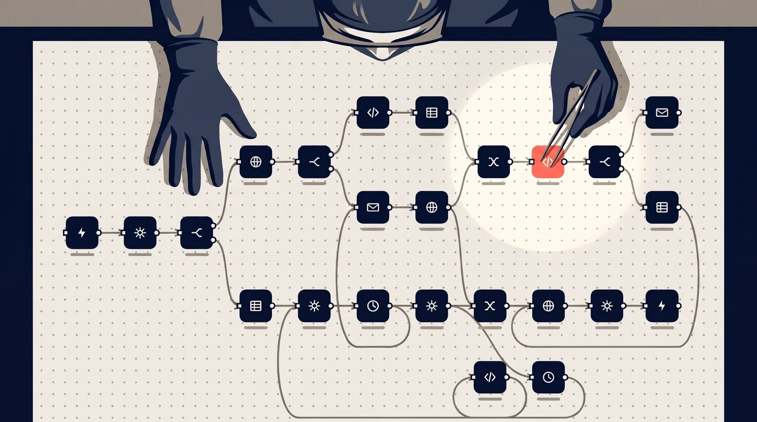 Illustration from directly above: a large n8n-style workflow of dark nodes and curved connectors printed on a sheet on an operating table. Two gloved hands reach in from the top, one holding surgical tweezers that pinch the single coral node under a pool of lamplight.