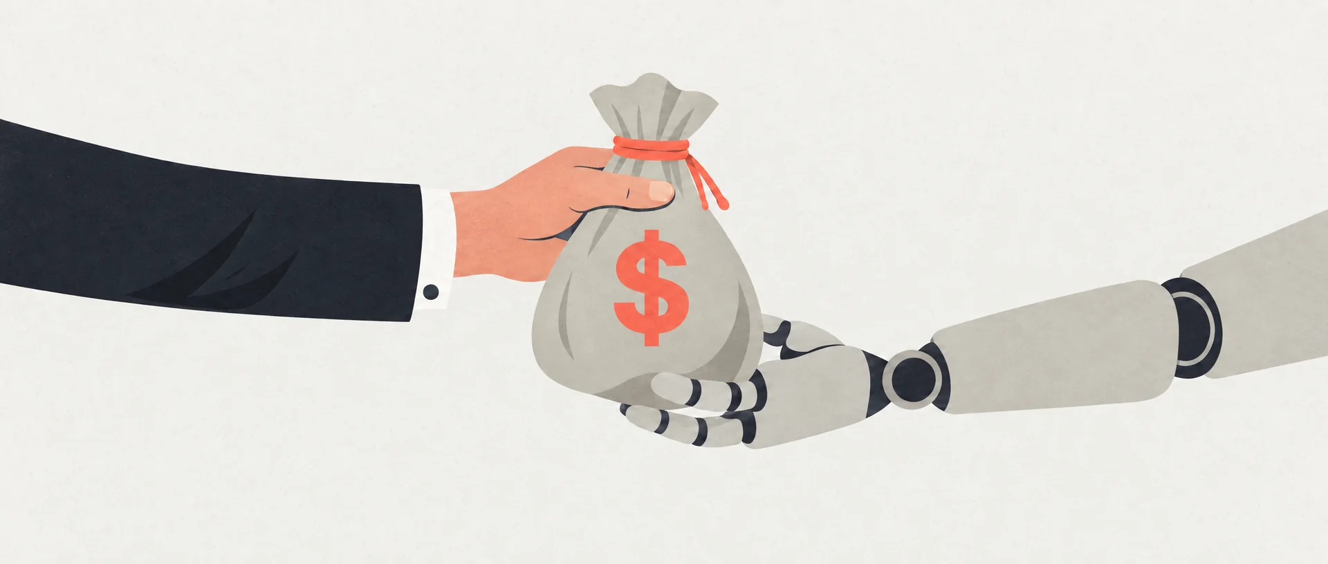 Illustration: a businessman’s arm in a navy suit hands a drawstring money bag marked with a dollar sign to a robot arm.