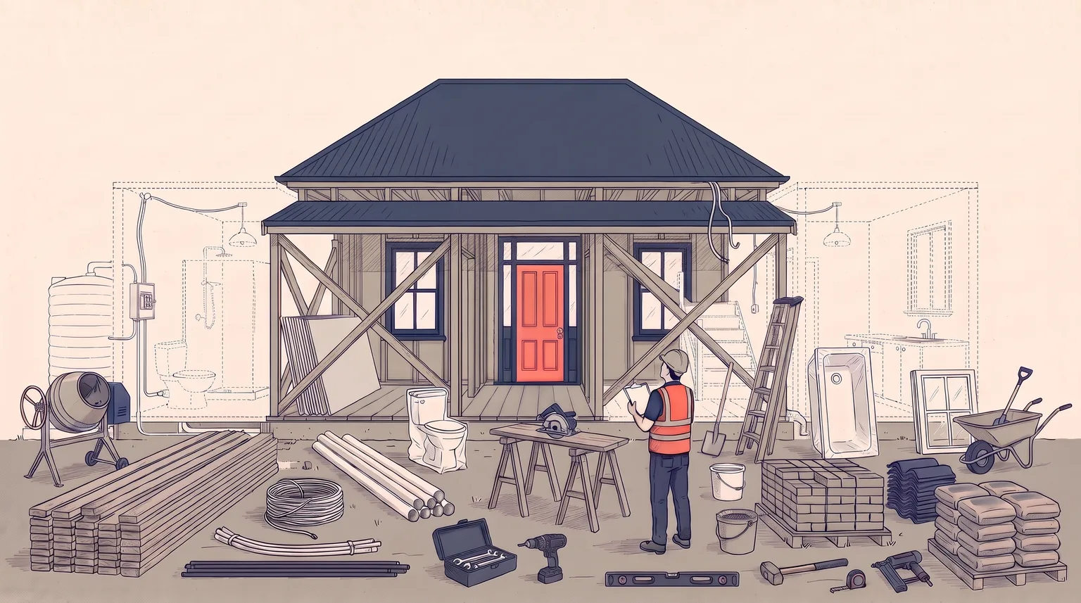 The same facade house seen from behind. A developer in a hi-vis vest stands small in the middle with a clipboard. Around the single propped-up wall, everything the house still needs is drawn in dotted outline: rooms, a bathroom, a kitchen, a staircase, wiring, a fuse box, a water tank and foundations. On the ground sit the materials and tools for the whole job: timber, plasterboard, bricks, cement, a mixer, a ladder, a wheelbarrow and a toolbox.