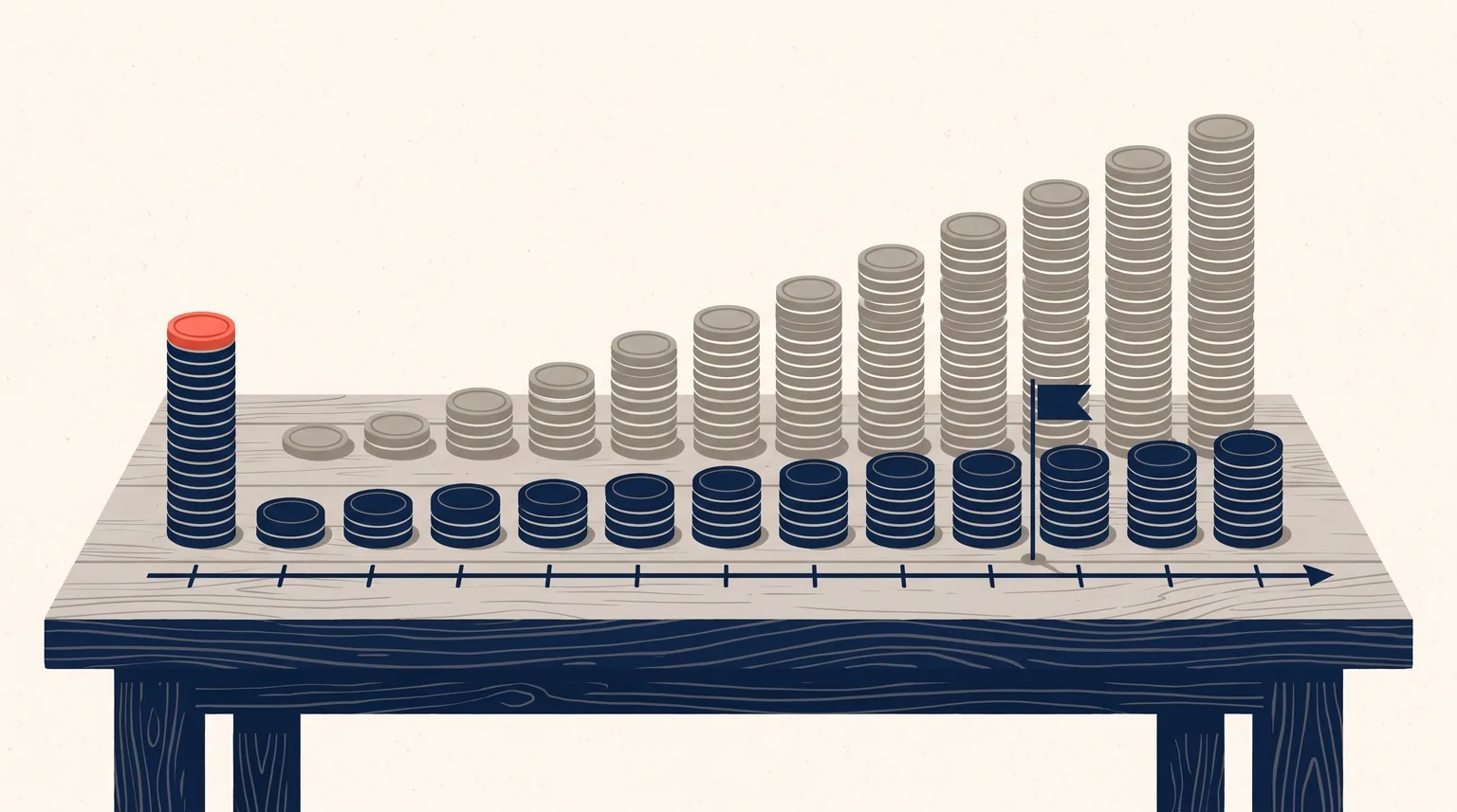 Two rows of coins on a table along a timeline of months. The grey subscription row climbs step by step like a staircase with no end. The navy custom-build row starts with one tall stack topped by a coral coin, then stays small. A navy flag marks the month the subscriptions overtake it.
