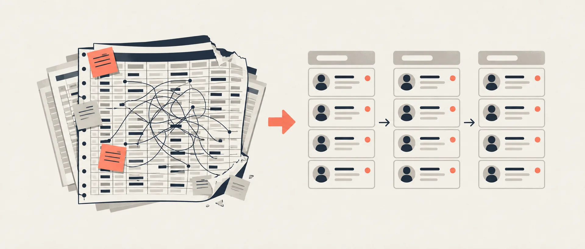 Infographic: a torn, overcrowded spreadsheet covered in sticky notes and tangled lines on the left, an arrow, and the same information as tidy contact cards in three pipeline columns on the right.