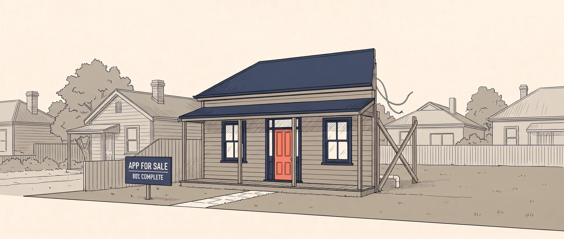 Illustration: a neat weatherboard house with a coral front door on a suburban street, with a sign on the lawn reading App for sale, 80% complete. At its edge you can see it is only a front wall, propped up by timber braces, with a pipe and a cable dangling out of the back into nothing.