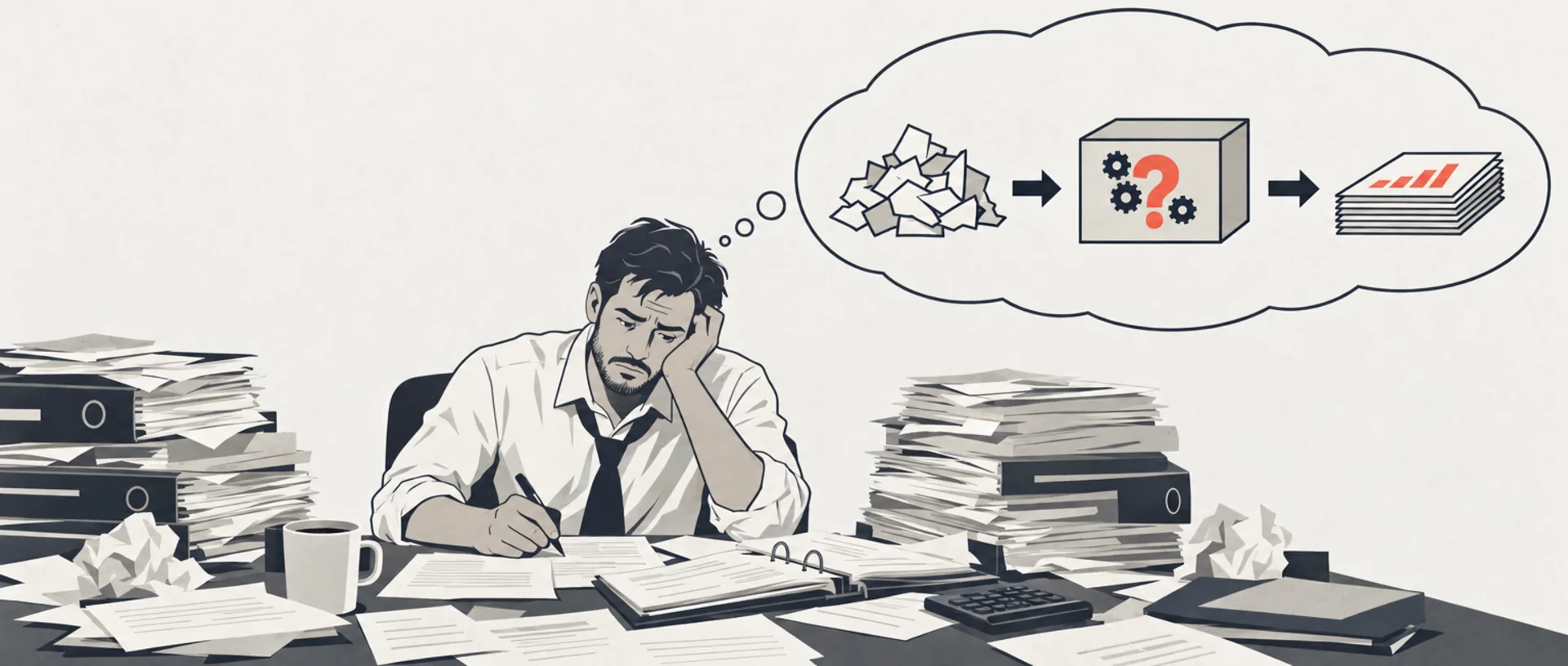 Illustration: a tired business owner at a desk buried in paperwork, with a thought bubble showing a messy pile of paper going into a box marked with a question mark and small cogs, and a neat stack of reports coming out.