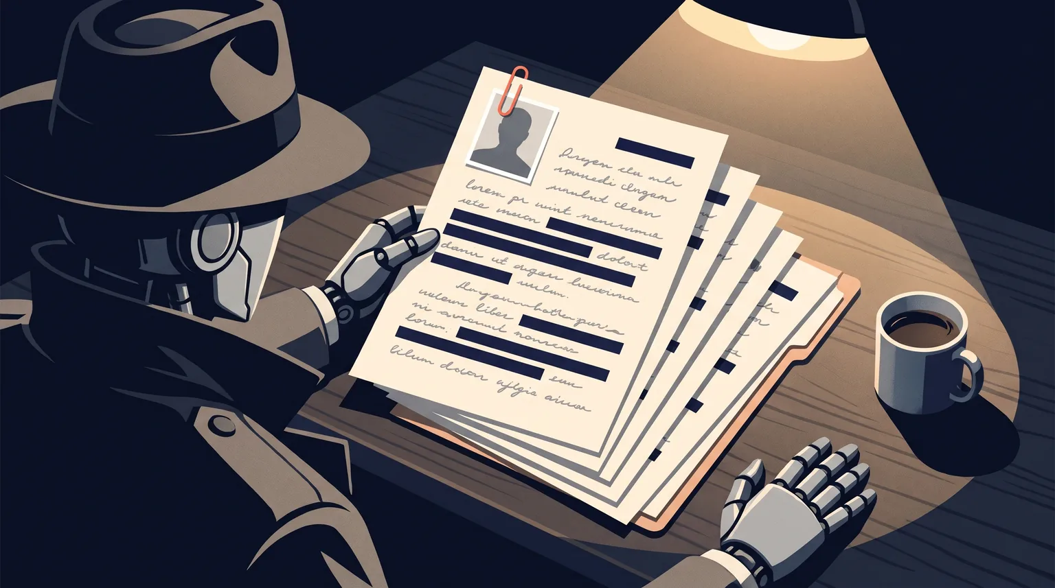 Illustration: the same trenchcoated robot at a desk under a lamp, reading a fanned stack of handwritten pages with lines blacked out at random and an anonymous blank-faced photo clipped to the top page.