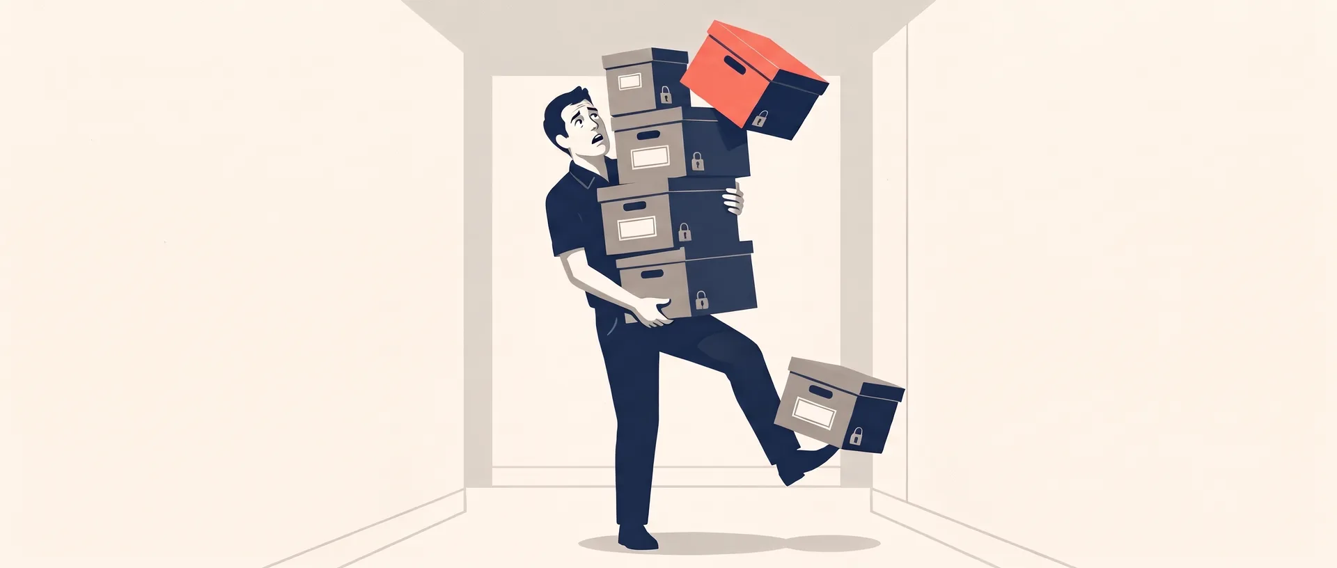 Illustration: a man staggers under a tall stack of software subscription boxes, one caught on his foot after falling and a coral one on top about to go, as he looks up with a wide-eyed uh-oh.